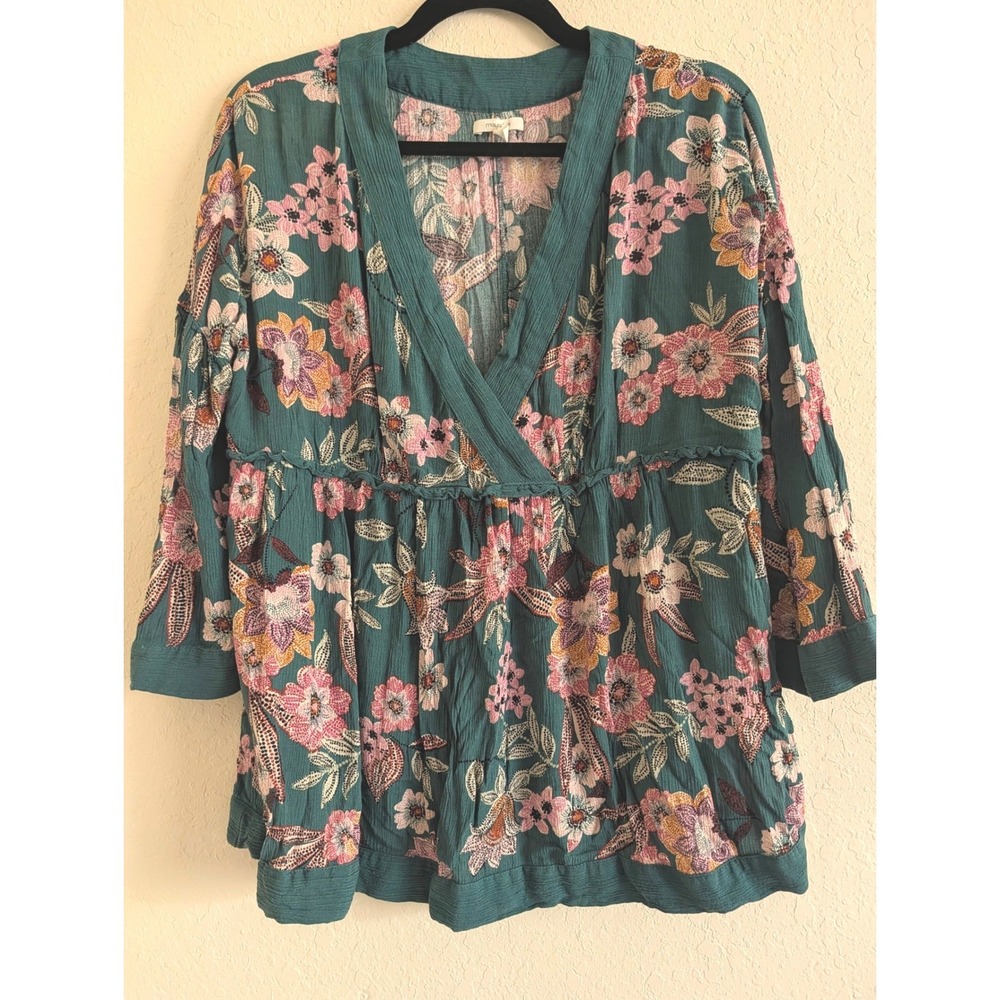 Maurices Floral Surplice Babydoll Top Teal Pink Boho Flowy Cottagecore